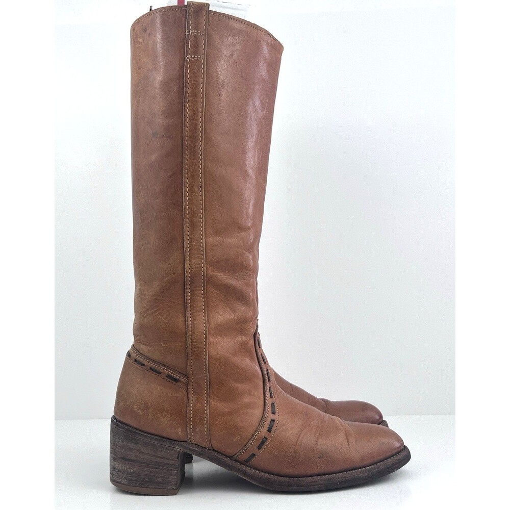 VTG Acme Campus Boots Womens 10 M Tan Cognac Leather Tall Boots Western USA - Picture 2 of 16
